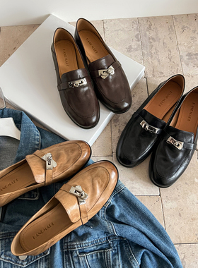 33-40大小码老钱风金属锁扣乐福鞋女复古做旧小皮鞋平底真皮单鞋