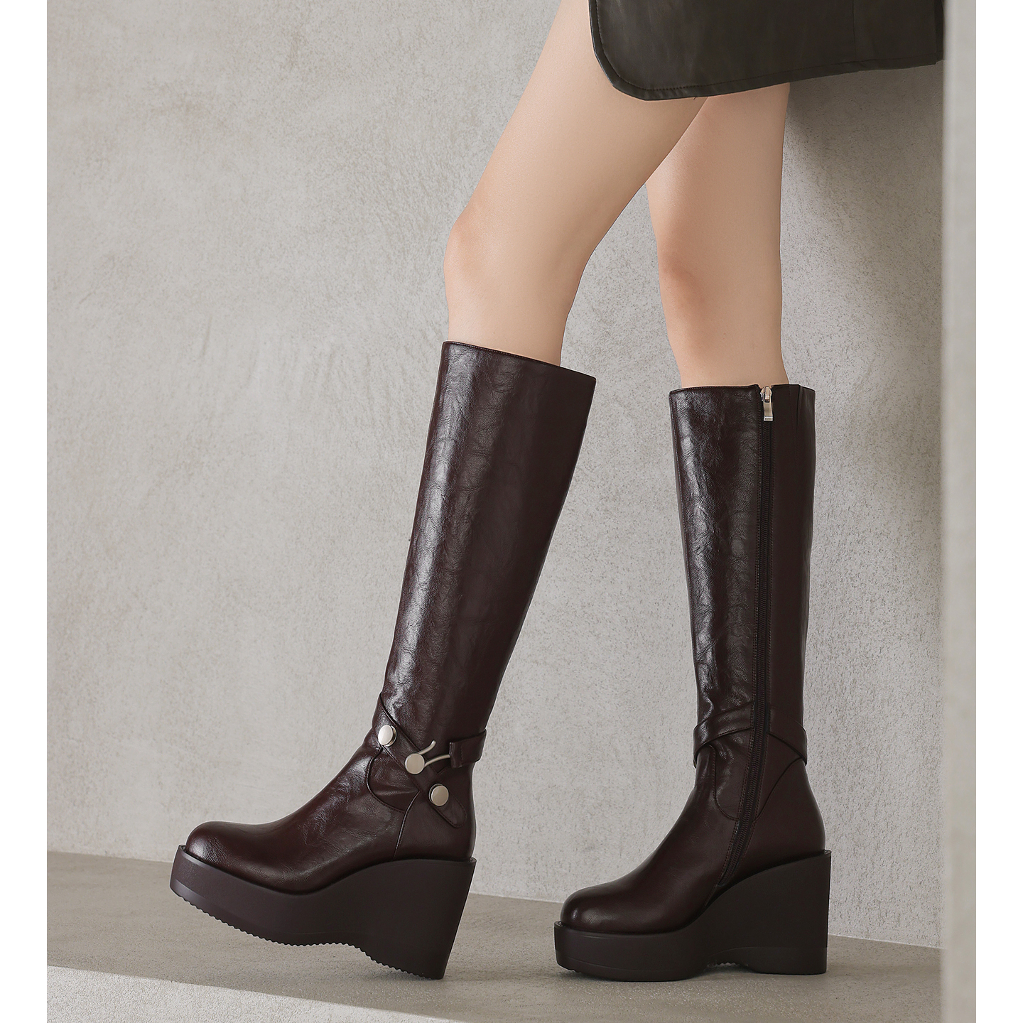 9cm小个子增高厚底高筒骑士靴女