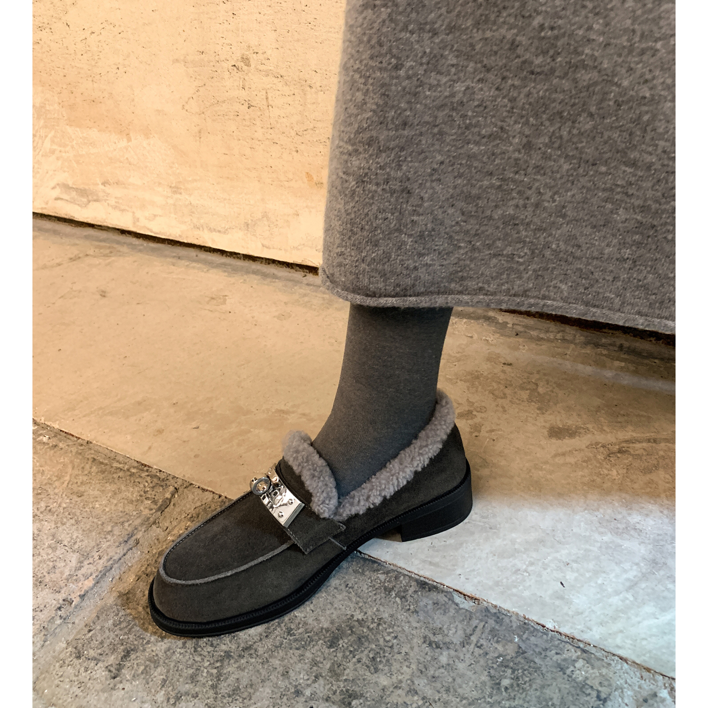 3.5cm一脚蹬羊羔毛小皮鞋博肯鞋