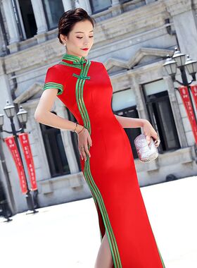 走秀旗袍2025年新款中老年长款改良高端舞台演出服大码中国风纯色