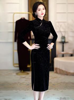 黑色丝绒提花改良旗袍女秋冬复古优雅显瘦中长款日常宴会连衣裙