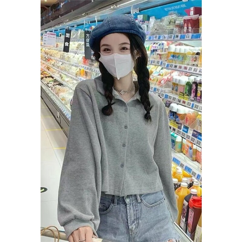 灰色polo领开衫卫衣女小个子春秋宽松慵懒风高腰短款休闲外套潮款 · 丫丫淘宝网