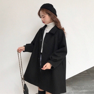 新款秋冬季毛呢衬衫外套女学生中长款韩版宽松小个子百搭呢子大衣