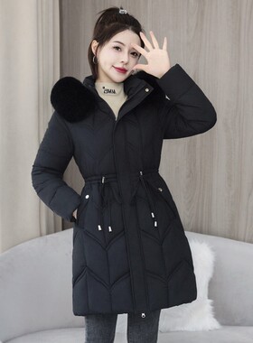 女士羽绒棉服冬季时尚中长款保暖棉衣新款修身棉袄大毛领加厚外套