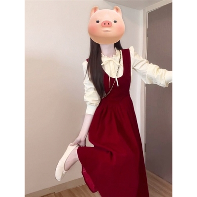 法式复古新款安可拉背心连衣裙春秋长袖百搭系带衬衫收腰高级套装