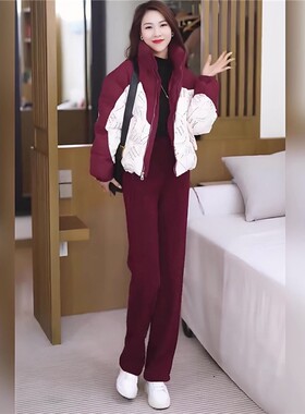 秋冬季新款短款棉衣外套加绒休闲裤两件套羽绒棉服套装女新年战袍