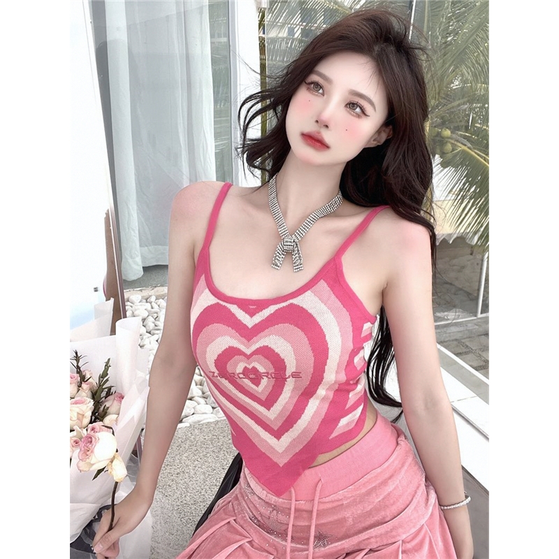 夏外穿设计感小众不规则粉色针织吊带背心女纯欲辣妹性感抹胸上衣