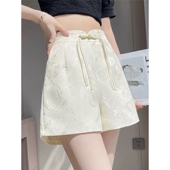 提花冰丝缎面休闲短裤 女夏季 薄款 新中式 盘扣高腰显瘦a字阔腿热裤