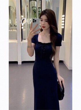 法式蓝色修身风情万种连衣裙子夏季女装2026新款梨形身材包臀长裙