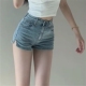 潮 高腰显瘦紧身弹力百搭a字热裤 浅蓝色开叉牛仔短裤 女辣妹夏新款