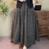 加厚毛呢松紧高腰格子半身裙中长款 复古文艺A字长裙女 秋冬新款