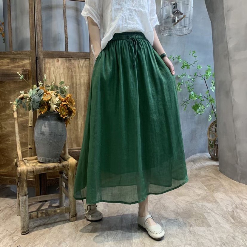 文艺苎麻半身裙女装夏秋季新款纯色松紧腰显瘦大摆棉麻A字裙子