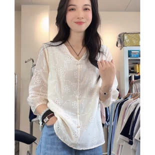 设计感V领套头七分袖 显瘦宽松小衫 蕾丝衬衫 新款 潮 女2025夏季 薄款