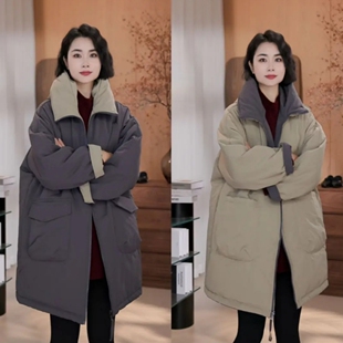 2025冬款连帽棉衣正反两穿宽松百搭中长款女款厚女士夹棉外套
