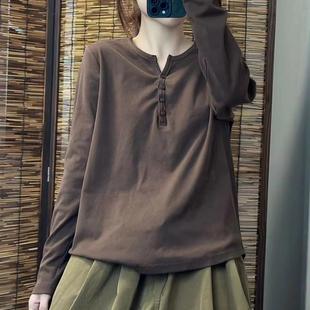 多纽扣贴标棉质t恤女宽松长袖 2024秋装 新休闲百搭圆领显瘦打底衫