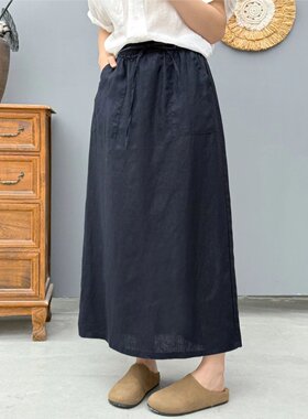 2026夏季新款亚麻半身裙斜纹麻显瘦文艺半身裙女松紧腰中长裙