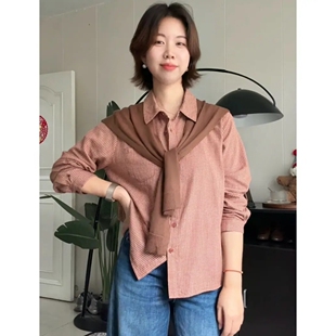色织格子衬衫女全棉2026秋季新款百搭显瘦韩版休闲尖领衬衣上衣