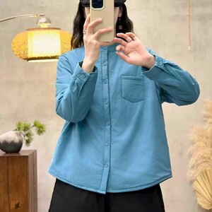 素说与麻 棉麻坊2025全棉衬衫夹棉圆领长袖女士保暖休闲百搭棉服内搭外穿秋冬上衣