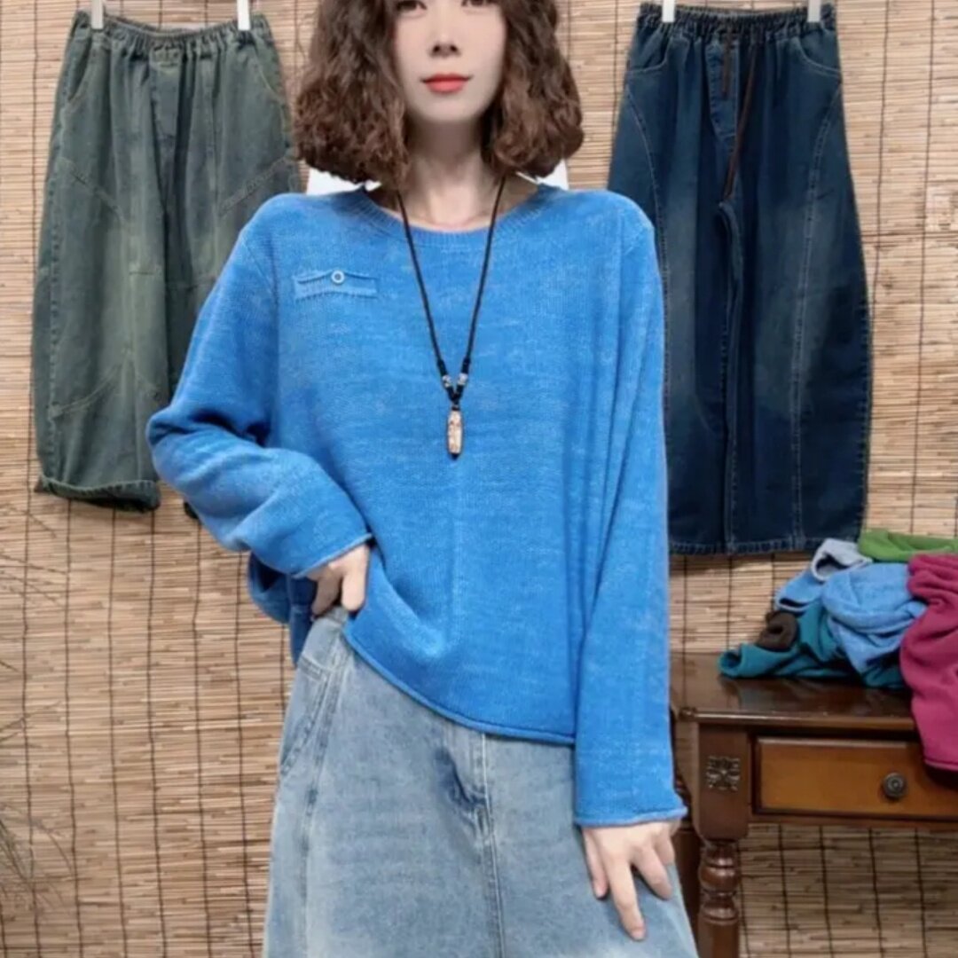 2026春季新款复古文艺时尚百搭圆领长袖套头毛衣显瘦棉线针织衫