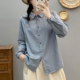 舒适柔软双层棉纱长袖 文艺舒适方领宽松显瘦春秋全棉上衣 条纹衬衫