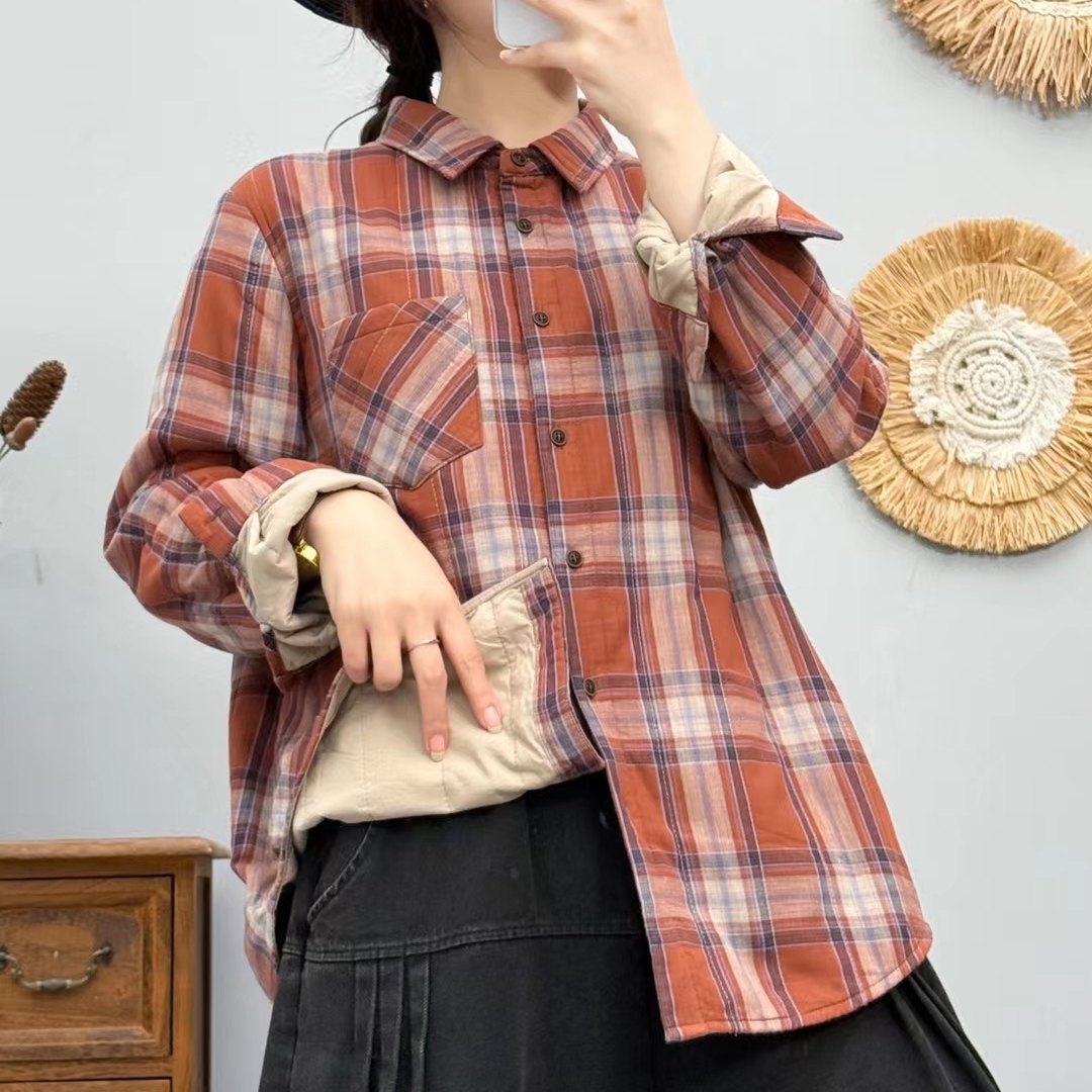 宽松休闲单排扣长袖全棉夹棉衬衫