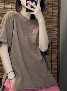 9503夏季新款纯棉开叉半袖时尚休闲百搭简约宽松纯色圆领显瘦韩版