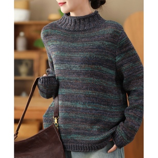 原创2024冬季 加厚半高领条纹复古炒色棉线针织毛衣卷边上衣 新款