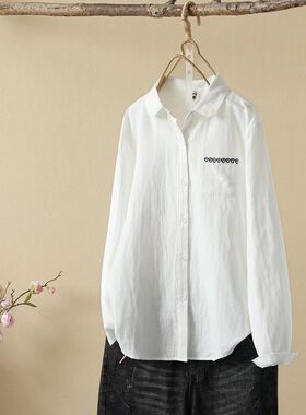 双层棉纱口袋小刺绣衬衫文艺简约女长袖小众色设计款百搭复古上衣