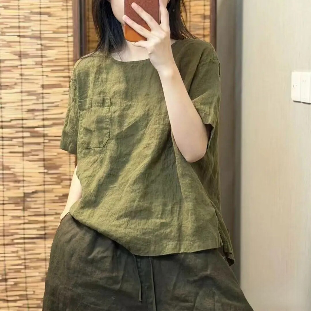 2026年夏季新品文艺百搭宽松休闲圆领短袖套头亚麻T恤衫女小衫