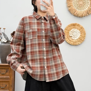 新款 2024冬季 百搭舒适宽松文艺衬衣 复古加绒加厚格子全棉衬衫 美式