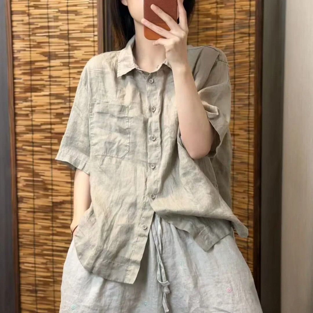 9788复古超细麻砂洗短袖衬衫2026新款洋气女夏季宽松文艺百搭显瘦
