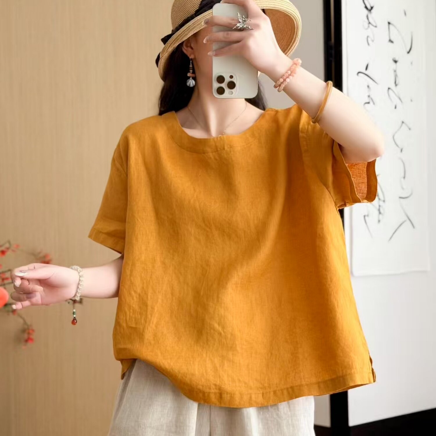 无扣纯色亚麻T恤女2025夏季新款圆领简约百搭时尚独特小众上衣