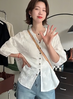 重工提花刺绣纯棉宽松衬衫女夏季气质七分袖衬衣白色休闲时尚上衣