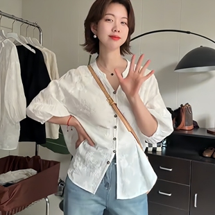 重工提花刺绣纯棉宽松衬衫女夏季气质七分袖衬衣白色休闲时尚上衣