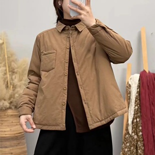 保暖宽松小棉衣 百搭文艺翻领衬衫 纯色加棉衬衫 2024秋冬新款