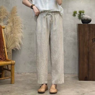 百搭显瘦精致休闲直筒裤 2025夏季 经典 型抽绳款 新款 100.%亚麻小版