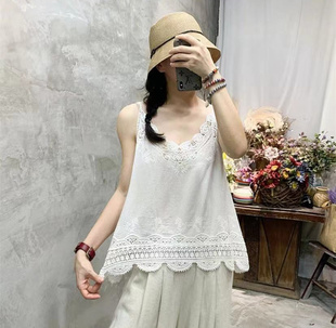 复古休闲百搭棉麻女士内搭打底蕾丝花边吊带背心