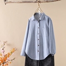 春季 」成衣水洗100%棉 宽松百搭纯棉衬衣S020 条纹衬衫 「复古日系