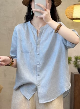 100%亚麻衬衫文艺外2026夏季新款款文艺立领纯色五分袖衬衣开衫