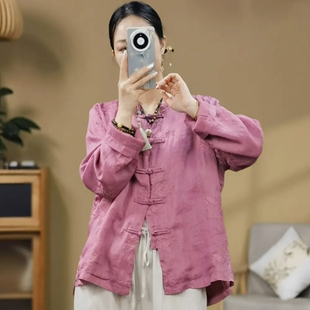 新款 新中式 女装 春夏装 外套 复古盘扣苎麻刺绣纯色双层上衣薄开衫