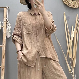 长短袖两穿苎麻女士宽松薄款不规则纯色衬衫闲上衣2024夏季新款