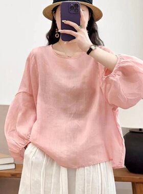 苎麻长袖夏季显瘦慵懒韩版灯笼袖女装休闲简约小衫圆领宽松衬衫