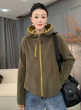 7902太谷休闲时尚简约百搭连帽拉链宽松撞色加绒卫衣开衫秋冬