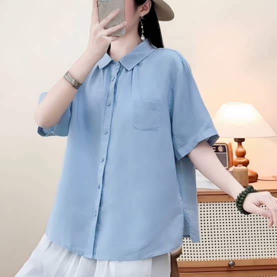独特漂亮新款小衫短袖上衣女2026夏季爆款藏蓝亚麻单口袋宽松短袖
