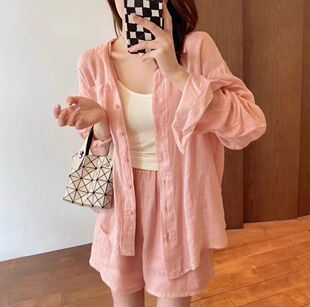 新款 两件套装 chic时尚 短裤 女 小香风休闲俏皮活泼100%苎麻衬衫 夏季