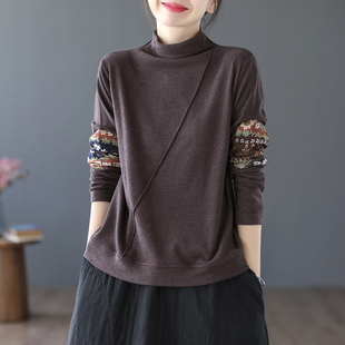 文艺复古德绒纯色长袖t恤衫冬季款女士打底衫显瘦半高领拼接上衣