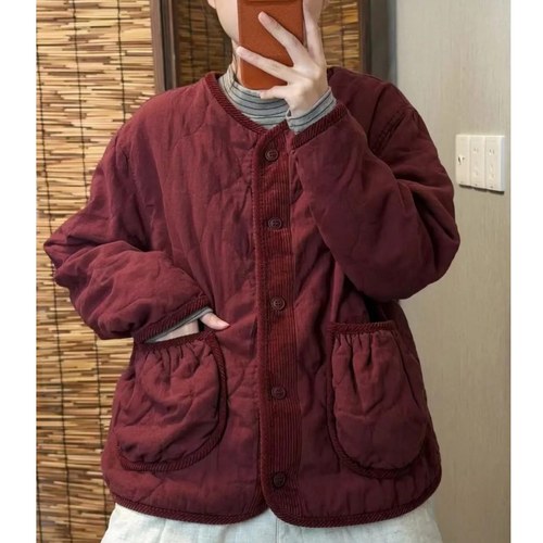 酵素洗亚麻夹棉袄子宽松韩版大气时尚简约2025秋冬季新款棉服外套