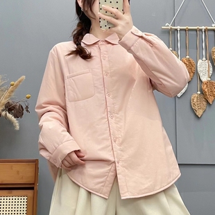 棉纱夹棉长袖衬衫女秋冬新款复古加厚宽松纯棉上衣休闲棉衣外套女