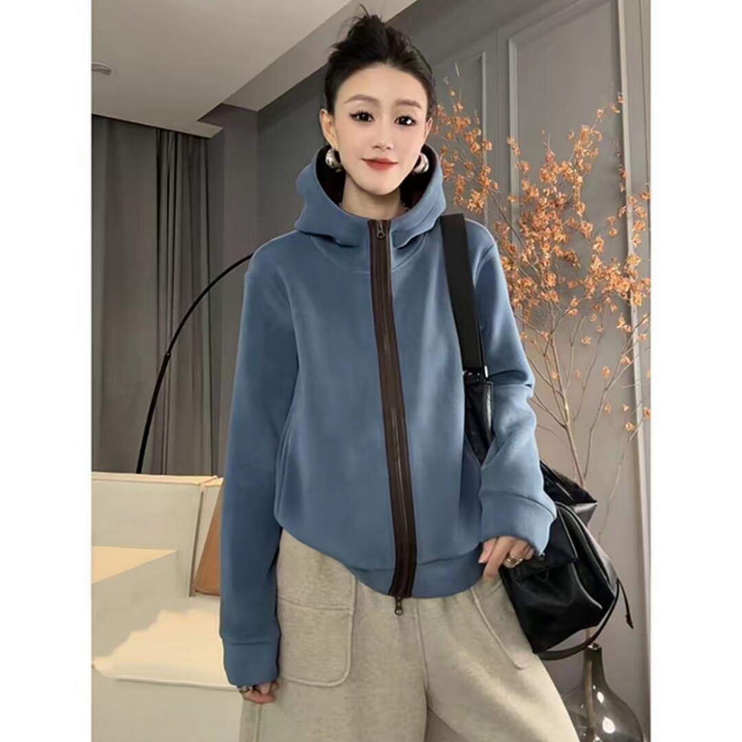 休闲秋冬保暖时尚撞色拉链简约百搭外套连帽颗粒绒开衫女
