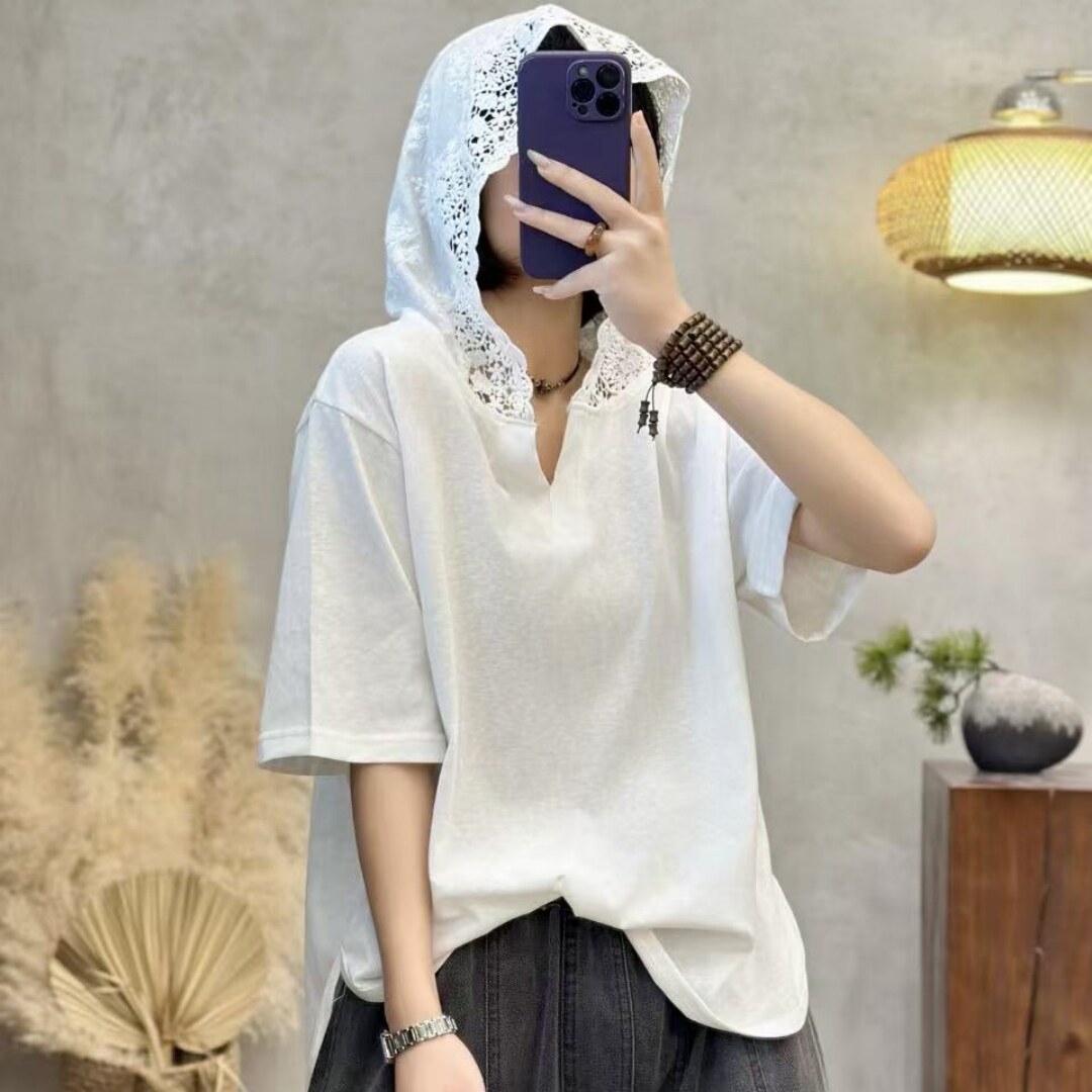 2025短袖连帽蕾丝文艺复古时尚女休闲百搭纯棉套头上衣圆领夏季